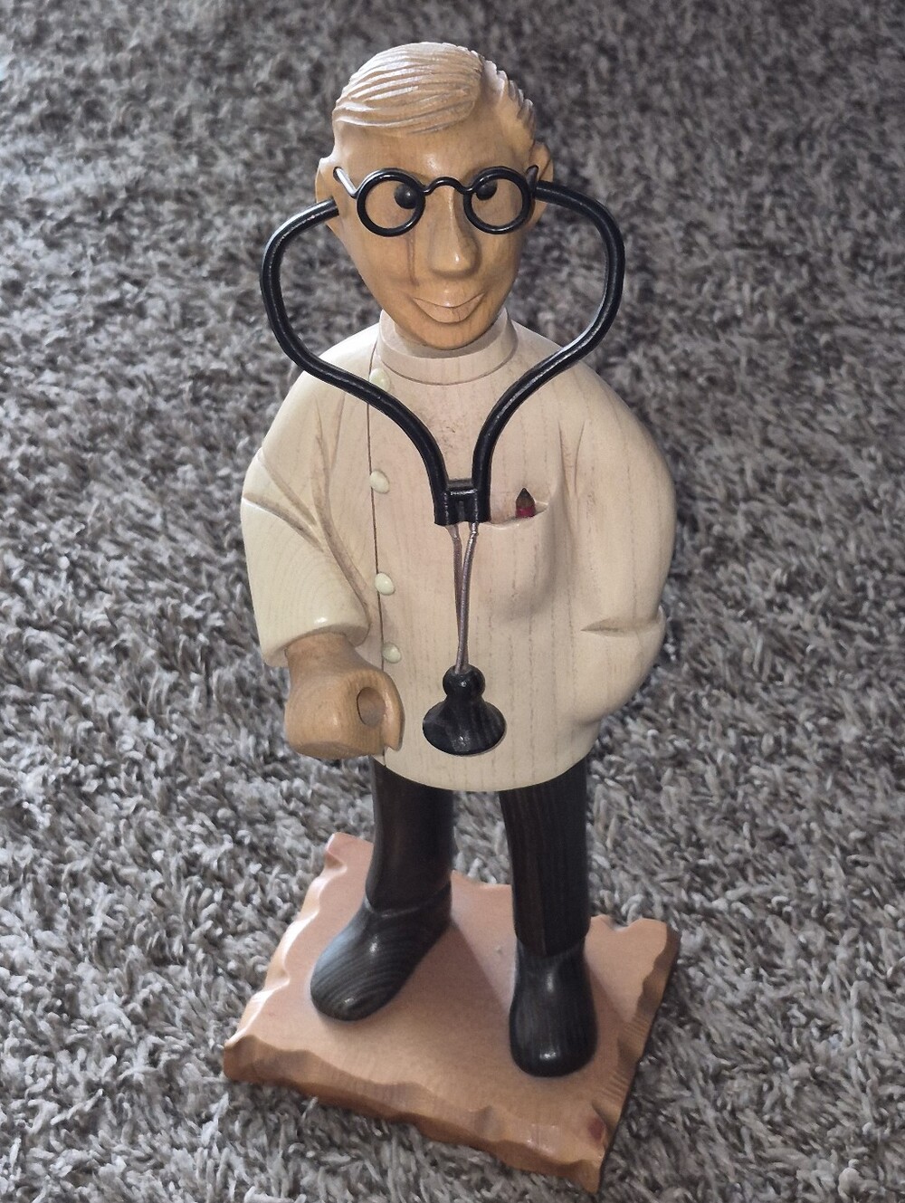 Vintage Hand Carved Wooden Doctor Figurine with Stethoscope